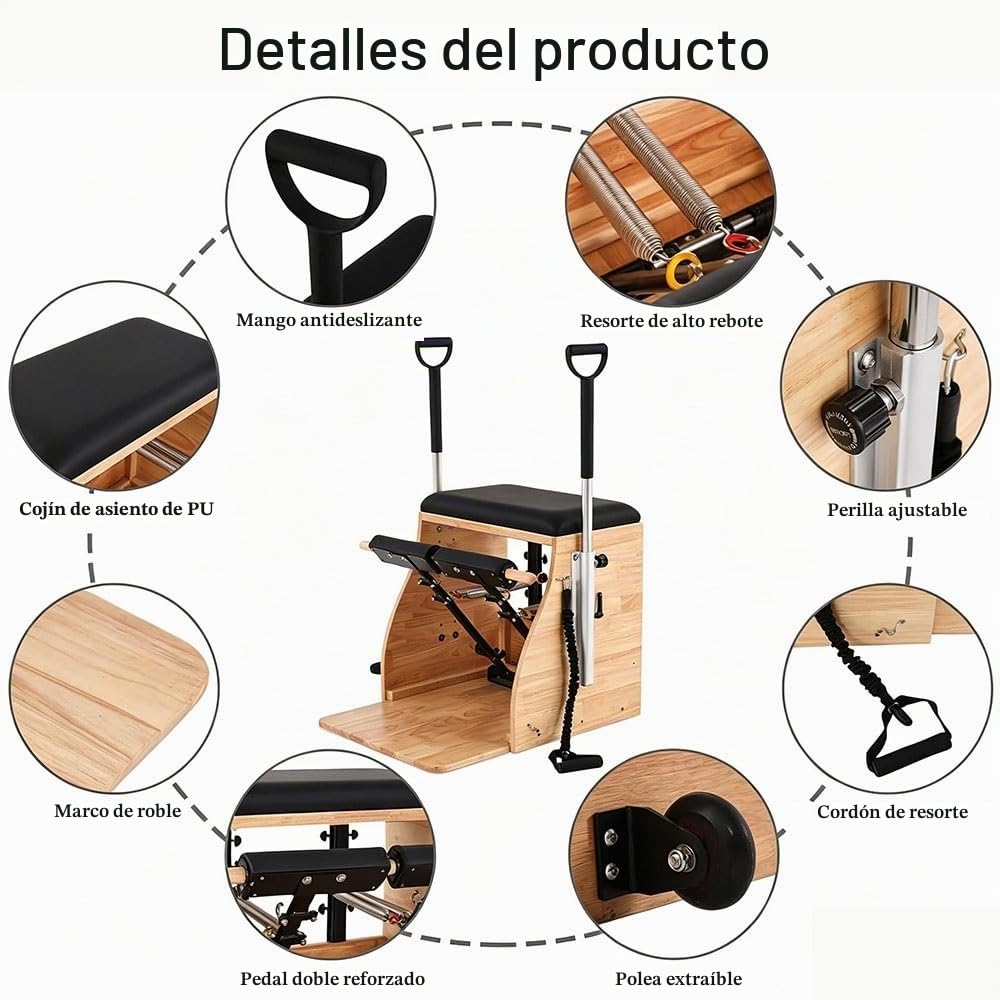 Pilates Chair, Silla de estabilidad Pilates con pedales divididos, entrenador físico combinado, máquina Pilates Reformer, con bandas de resistencia, asas y pedales divididos, madera de roble duradera.
