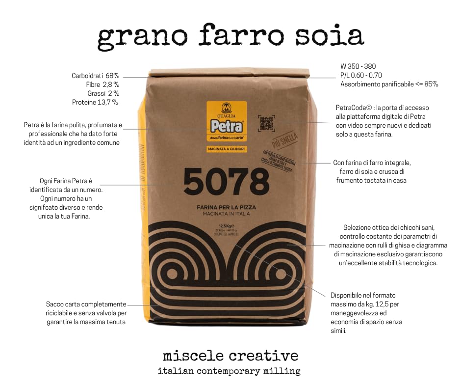 12,5 Kg Petra 5078 Farina Tipo 0 con Farro Integrale e Soia | Miscela di Cereali Tostati per Impasti Leggeri, Aromatici e Friabili | Ideale per Pizza Gourmet e Pane Artigianale