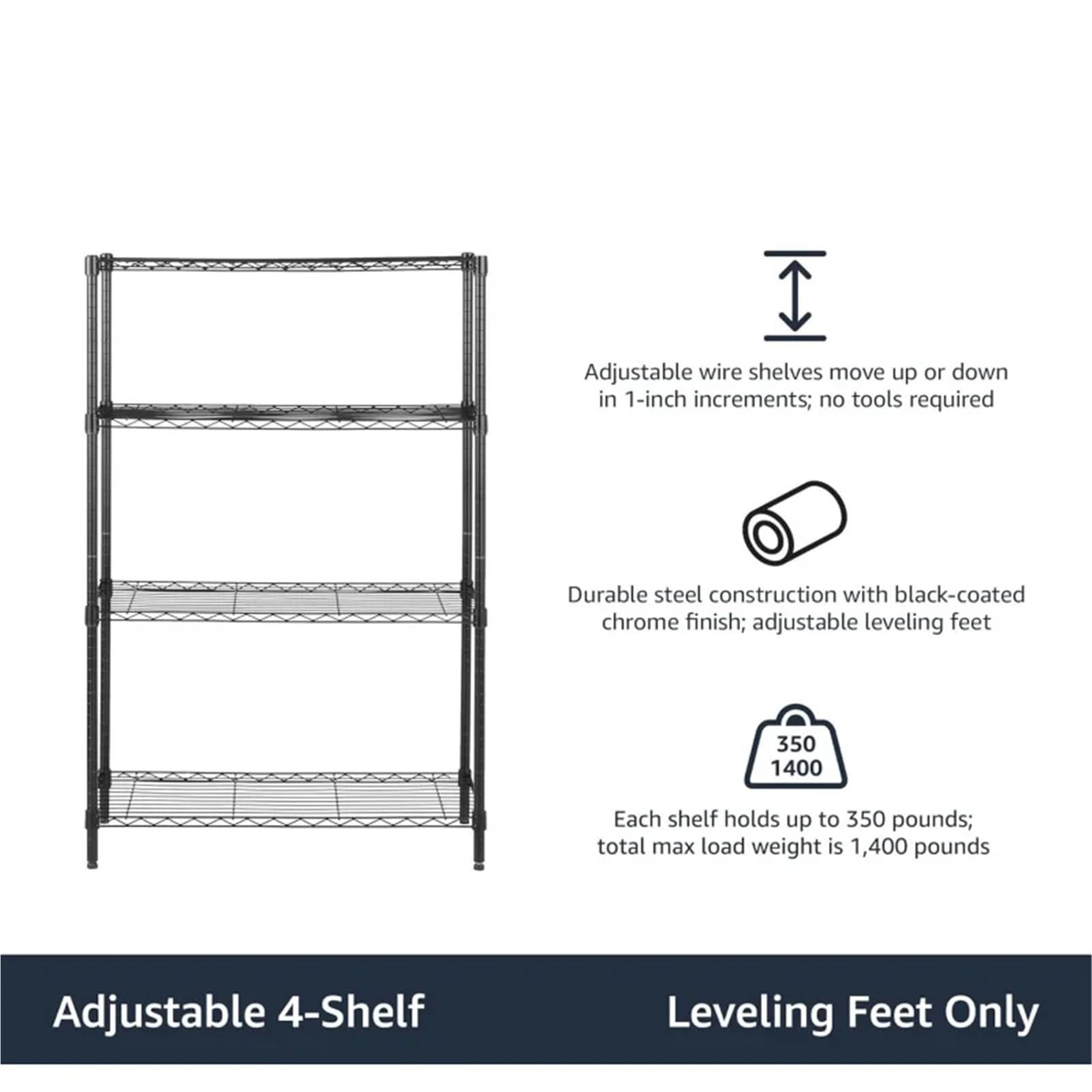 Scaffali in Metallo per Garage Scaffale portaoggetti Regolabile a 4 Ripiani in Filo di Acciaio Resistente for Garage, 36" L x 14" L x 54" A, Nero(Black)