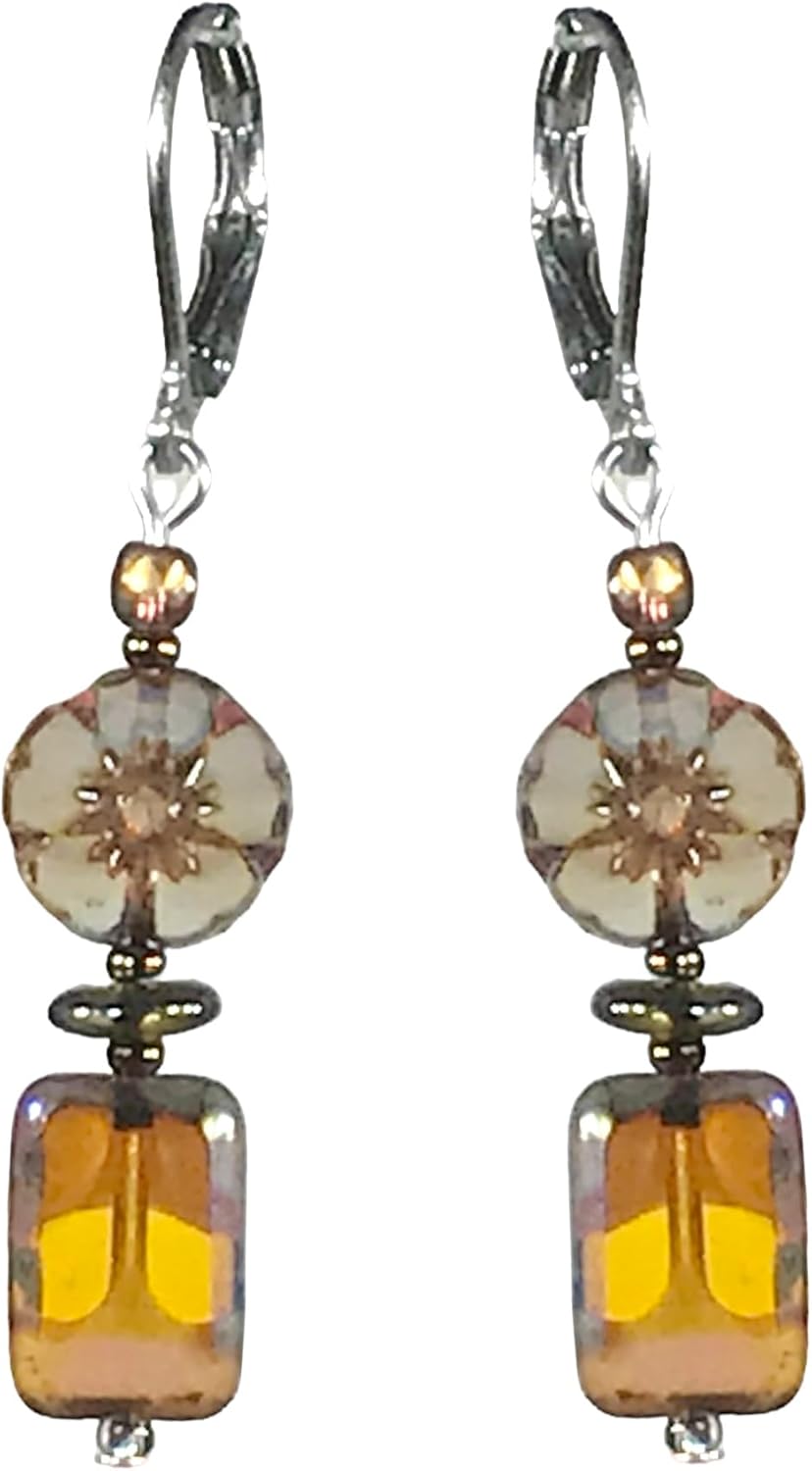 CariCat Designs Boho Chic Handmade Marbled Golden Yellow with Vintage Wash Light Blue Czech Glass Flowers Drop Dangle Earrings - French Wire Lever Backs