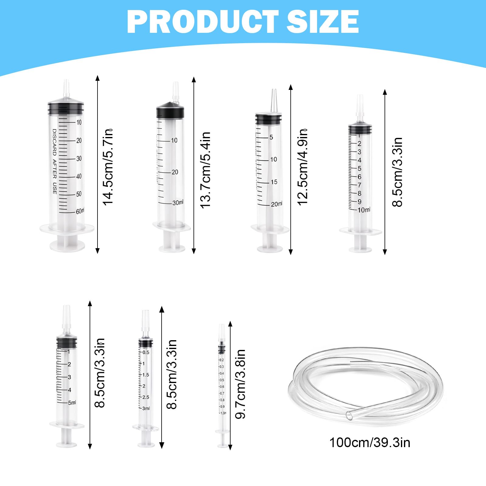 10 sztuk strzykawek 1 ml, 3 ml, 5 ml, 10 ml, 20 ml, 30 ml, 60 ml, z wężem, strzykawka do dozowania płynów dla hobbystów i majsterkowiczów, indywidualnie zapieczętowane opakowanie