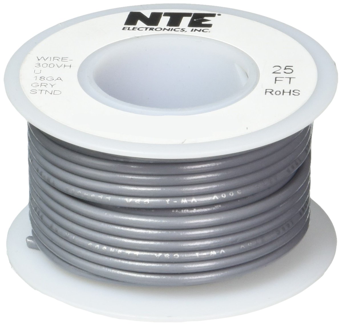 NTE Electronics WH180825 Hook Up Wire, Stranded, Type 18 Gauge, 25' Length, Gray Speaker