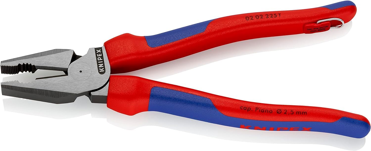 Knipex Alicate universal de fuerza negro atramentado, con fundas multicomponentes, con anilla de fijación integrada para colocar un dispositivo de protección anticaídas 225 mm 02 02 225 T
