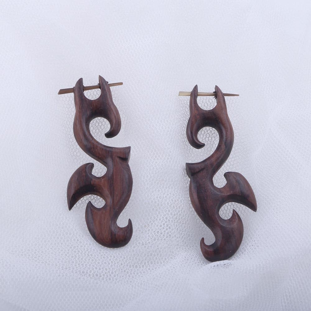 Tribal Handmade Wooden Dangling Earrings for Women, Unisex Boho Wood Huggie Large Long Drop Earrings with Sticks Posts, Bohemian Jewelry Eco-friendly