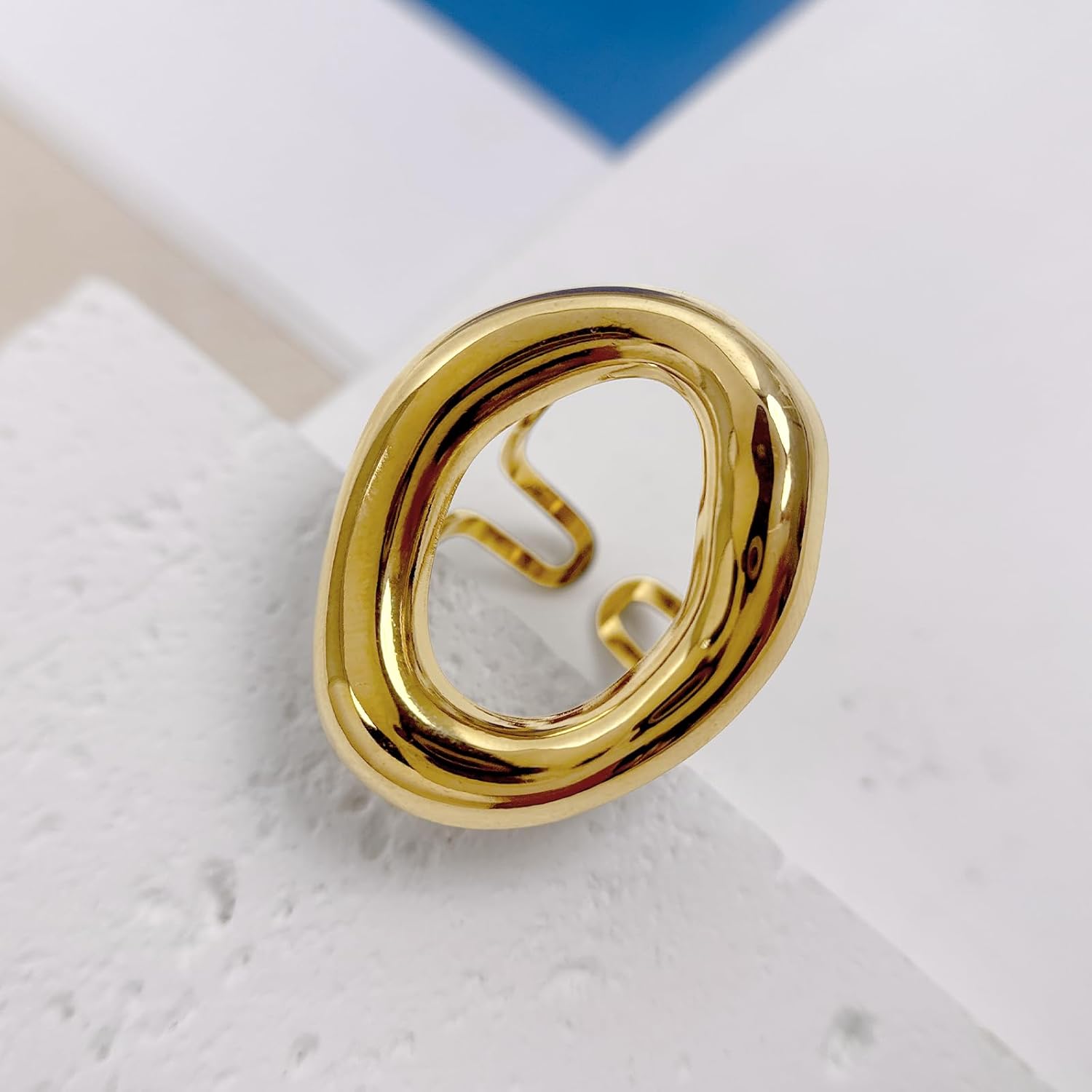 Hollow Oval Shaped Ring for Women Chunky Gold Statement Rings Stainless Steel Irregular Thick Geometric Ring - Image 5