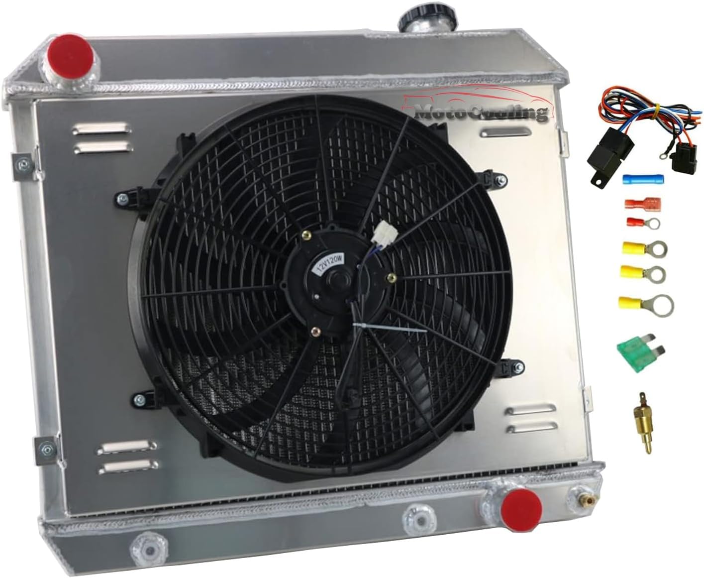 CU284 DPI284 Aluminum Radiator for 1961-1966 Chevy C10 C20 C30 K10 K20 Panel Pickup Suburban, GMC 1000 1500 2500 G1000 Series, Oldsmobile Cutlass F85, Pontiac (3 Row Radiators+16''Fan Shroud+Relay)