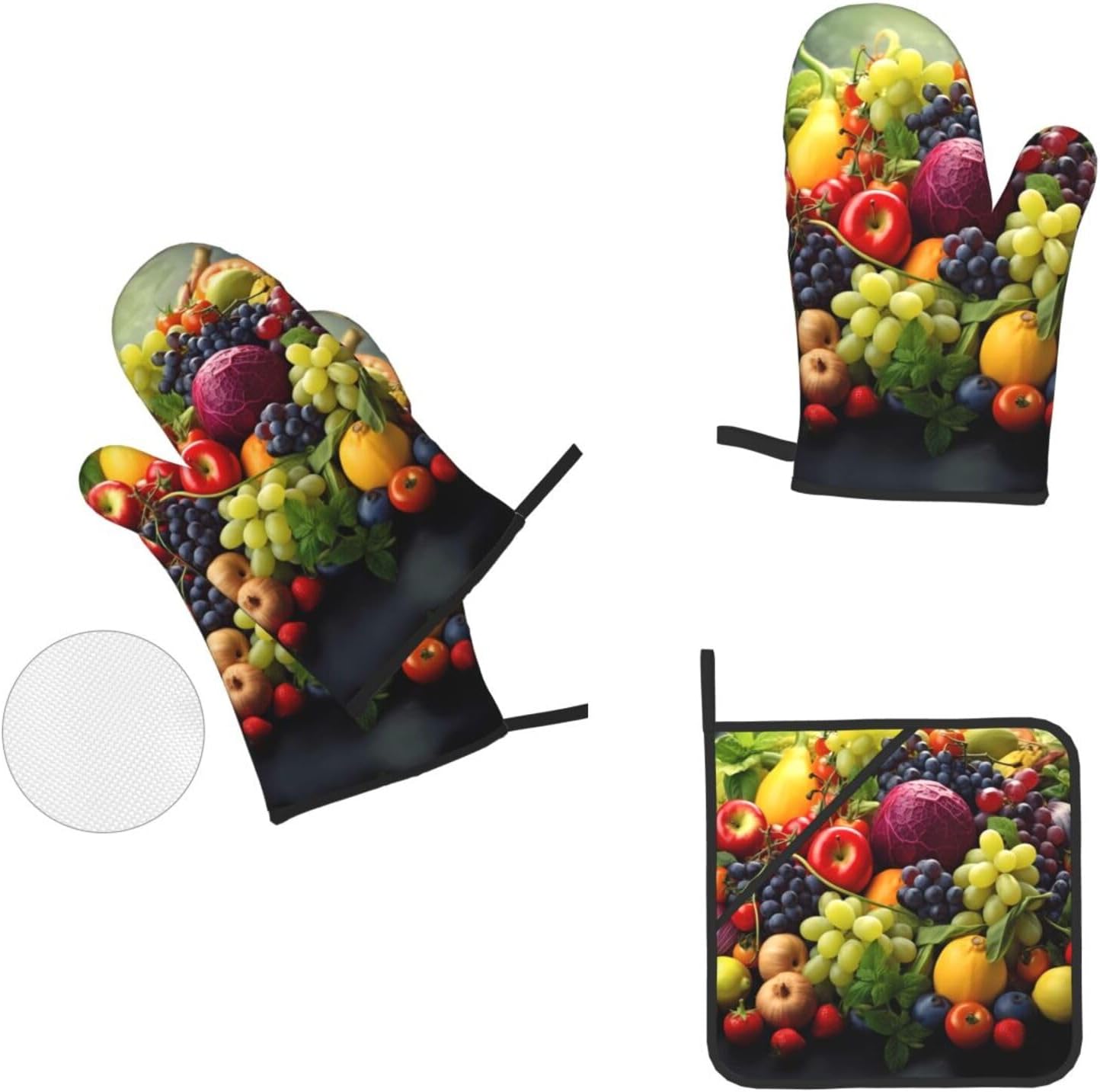 Fresh Fruits and Vegetables Oven Mitts and Pot Holders 4 Pcs Set of Heat Resistant Oven Gloves (7.2"X11") & Hot Pads (8"X8") for BBQ, Cooking, Baking, Grilling, Easy to Store