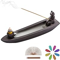 ChangWanna Frog Boat Ceramic Backflow Incense Holder - Waterfall Smoke Fountain with 45 Sticks & 12 Cones for Yoga Meditation Home Decor