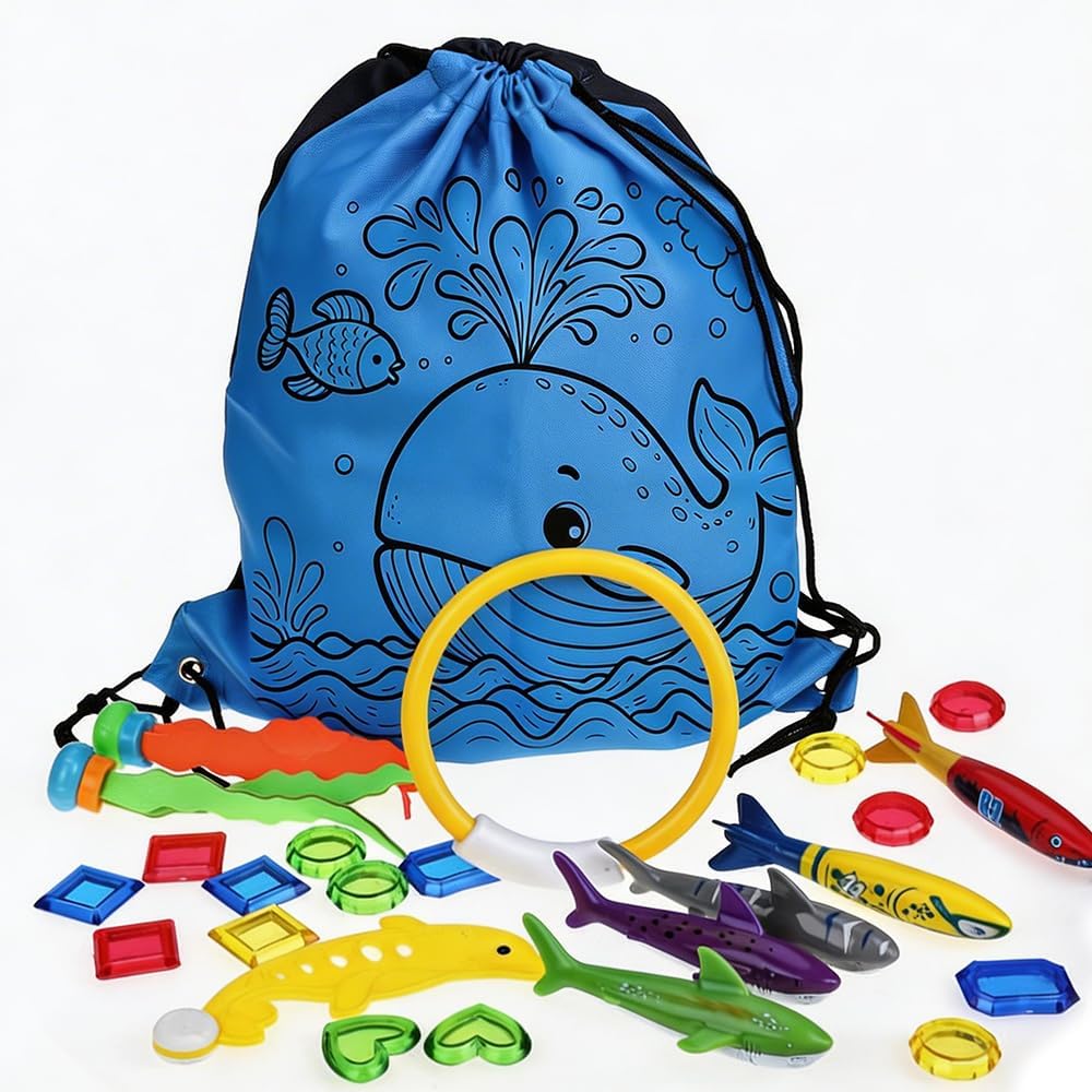 faburo 34pcs Jouets de Plongée, Jouets de Piscine pour Enfants 5-12 Ans, Anneau de Plongée sous-Marine, Ensemble de Jouets de Plongée avec Anneaux de Plongée & Dauphins & Herbes Marines etc