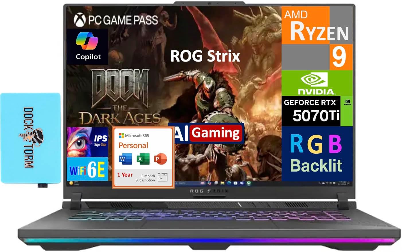 ASUS ROG Strix AI Gaming Laptop 16.0" 165Hz IPS WUXGA Display (AMD Ryzen 9 8940HX, GeForce RTX 5070 Ti 12GB, 32GB DDR5, Win 11 Home) w/MS 365 Personal, DKZ USB Port Expander