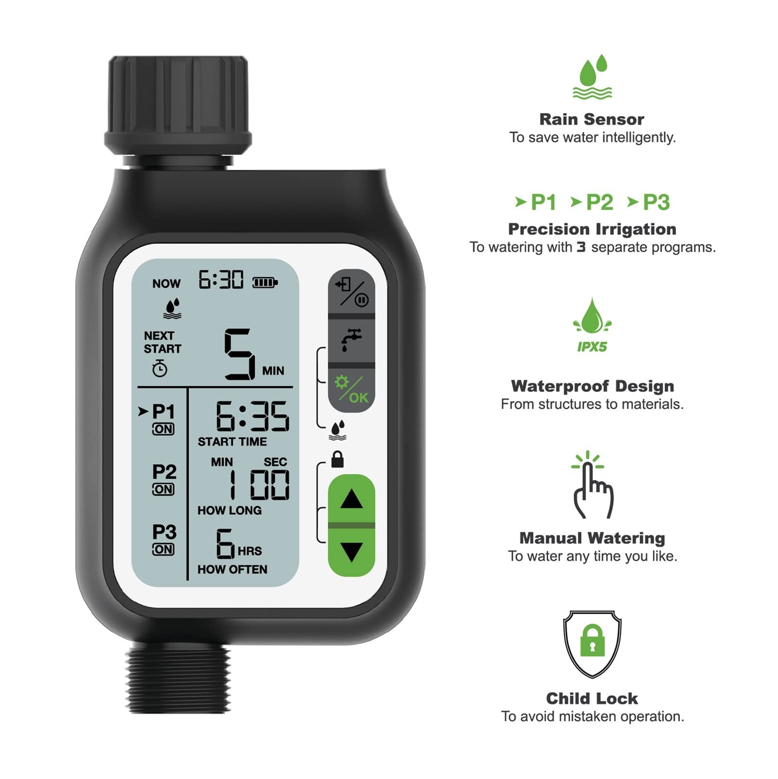 Valvola dell'acqua intelligente Spegnimento timer dell'acqua per irrigazione digitale Accessori per gocciolamento da giardino Set di programmi per timer per irrigazione Sensore pioggia intelligente