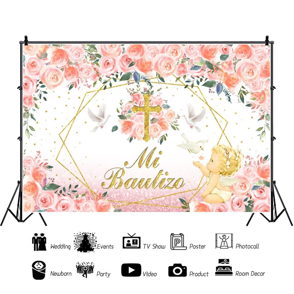 Fotohintergrund Für Babyparty – Motiv 'Mi Bautizo' Mit Goldenem Kreuz – 2,4x1,8 M