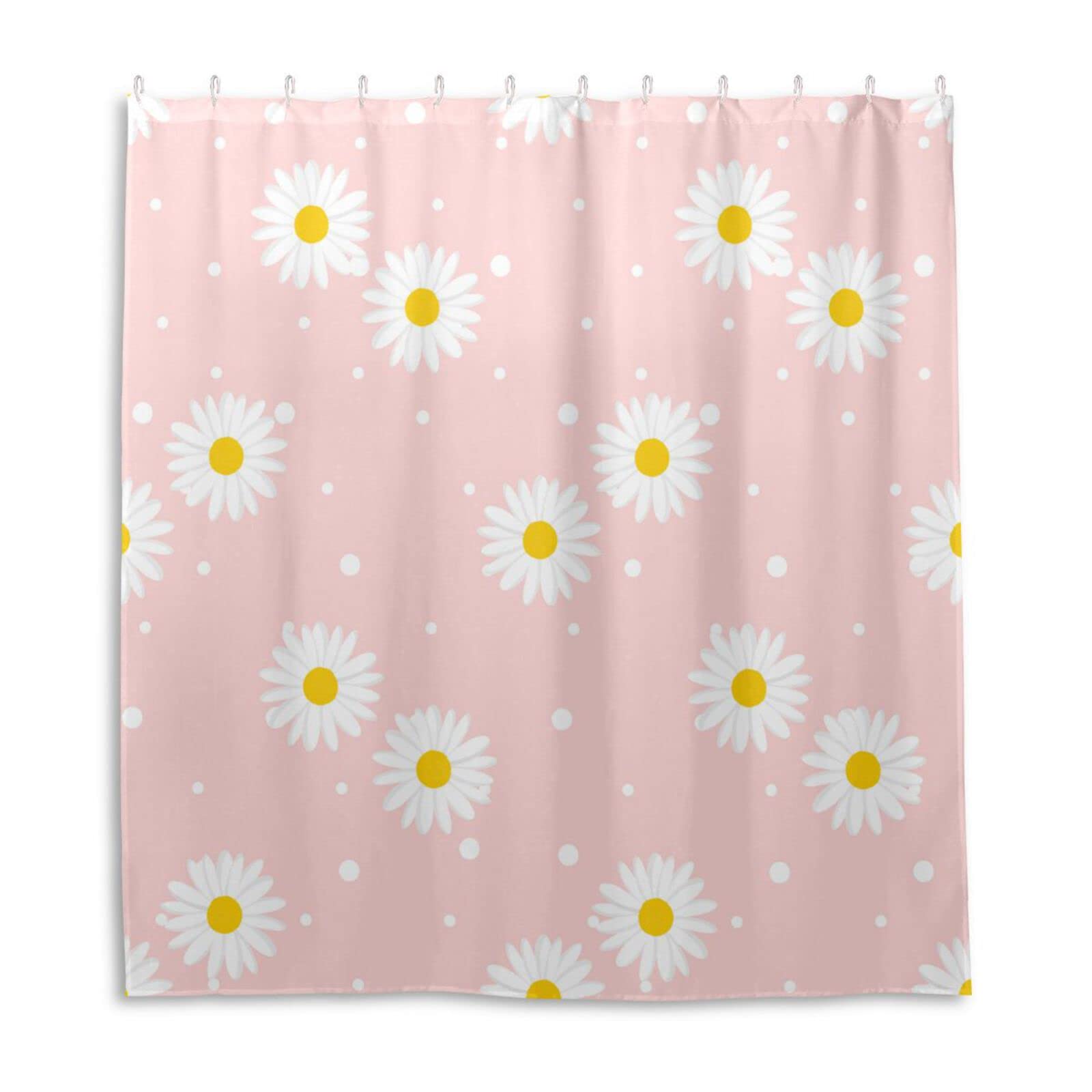 xigua Shower Curtains Pink Daisy Print Design Curtain，Waterproof Fabric Decor Shower Curtains for Bathroom Set with 12 Hooks，66” x 72”