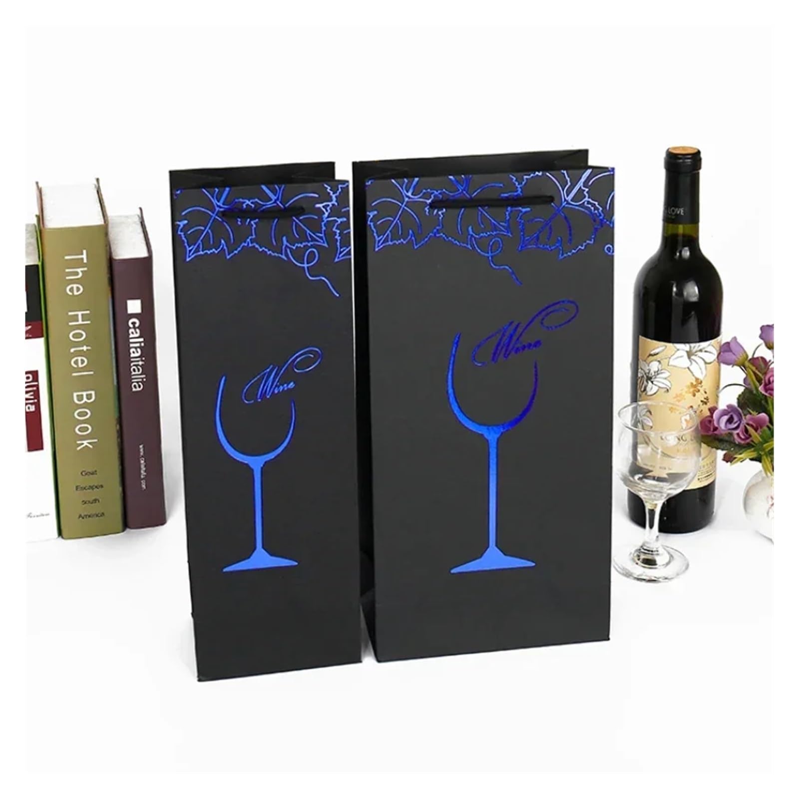 Sacs pour bouteilles de vin Sac en papier à main 12 pièces, pochette en carton noir doré feuille de raisin, pochette à vin simple Double bouteille de bière, sac Portable à poignée en corde en Nylon (