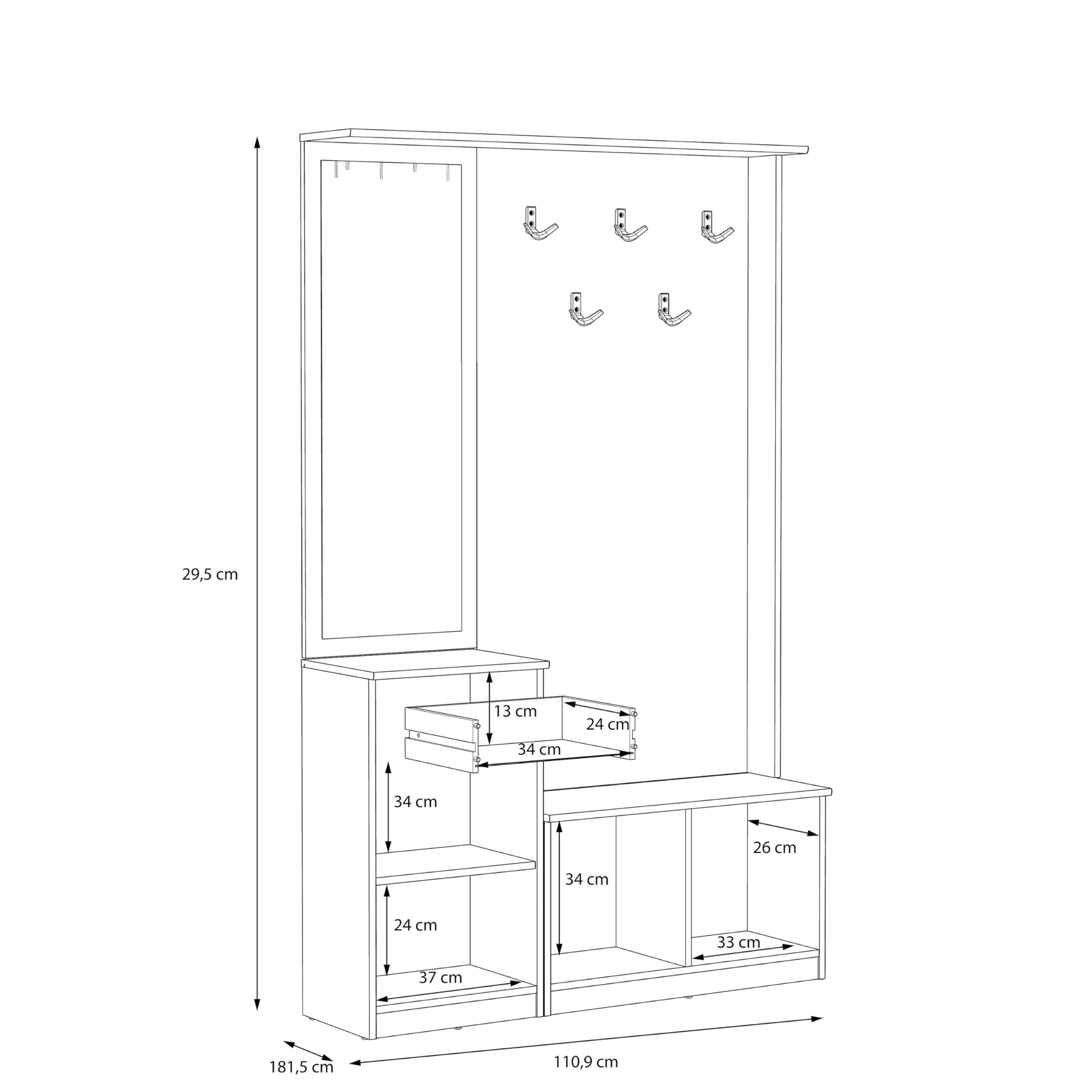 Forte NIKO Garderobe 110, Skandi-Garderobenpaneel, 1-türig, 2 Schubladen, Spiegel, Haken, Flur, Sonoma Eiche Holzdekor, 110,9 cm breit x 181,5 cm hoch x 29,6 cm tief
