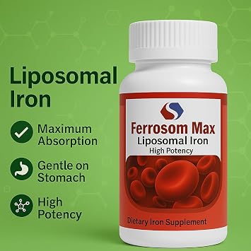 Max Liposomal Iron Supplement 60 Capsules (45mg Pure Elemental Iron) by Siba Pharm | Maximum Absorption Formula | Non GMO, Vegan, Premium Quality | Helps New Blood Cell Production.