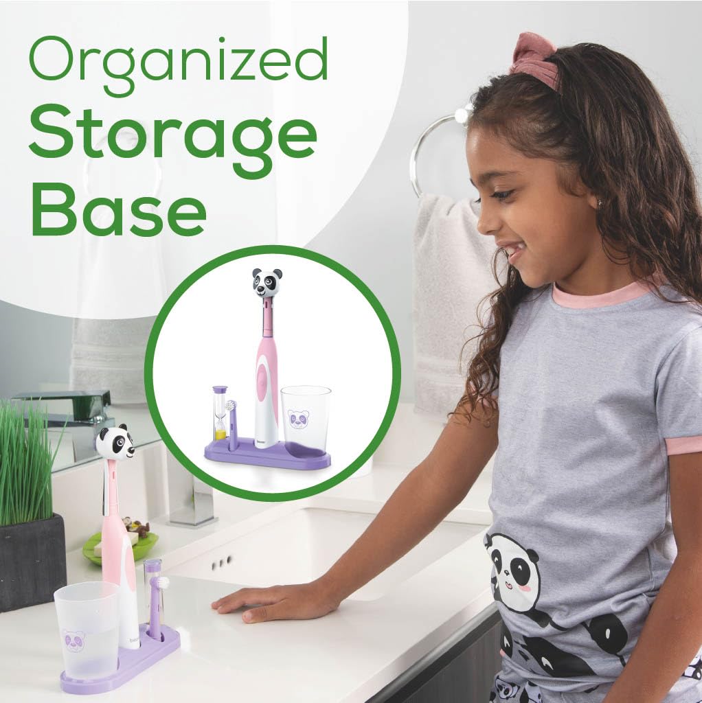 Beurer TB10 - Kit per spazzolino elettrico per bambini, con tappo divertente Polly The Panda, con 2 testine extra morbide per rimuovere la placca, timer da 2 minuti e tazza per risciacquare, senza BPA