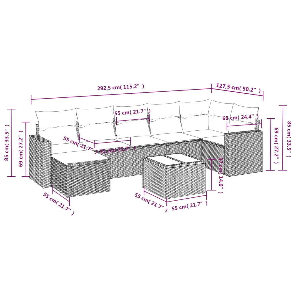 Set di 8 divani da giardino in polyrattan grigio chiaro, set modulare con cuscini e vano portaoggetti, mobili da terrazza per giardino e balcone, tavolo con piano in vetro