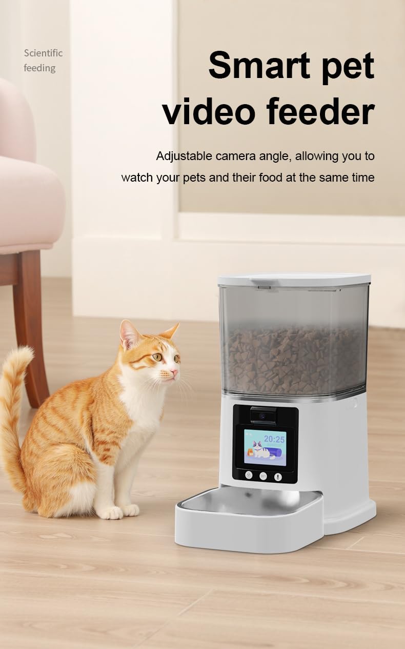 Wifi Smart HD Alimentatore automatico per animali domestici con fotocamera e visione notturna, audio a 2 vie, app e telecomando, 6L, doppia alimentazione, facile da pulire, display LCD, per cani e