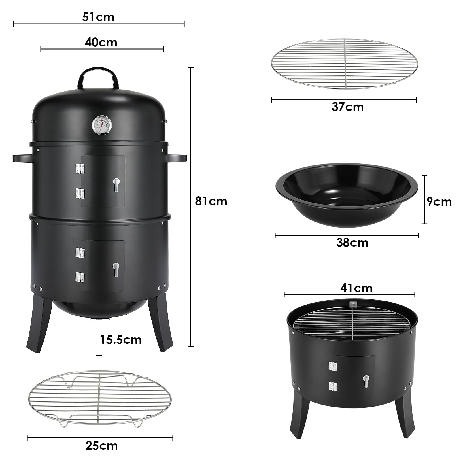 TLGREEN 3 w 1 Wędzarnia, Grill z Pokrywką, Termometr, 2 Ruszty ze Stali Nierdzewnej, 2 Emaliowane Tacki na Wodę, Beczka Wędzarnicza z Uchwytem, BBQ Smoker, Grill Węglowy, do Wędzenia i Grillowania