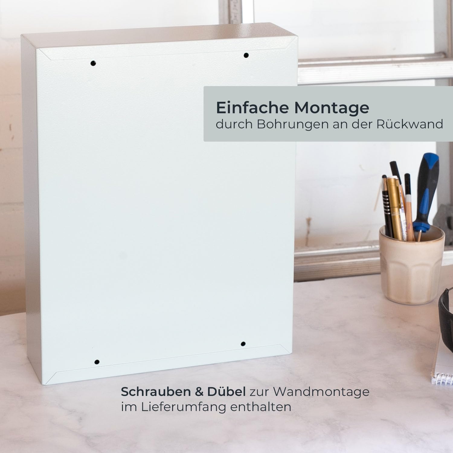 HMF Schlüsselschrank aus Stahl, abschließbarer Schlüsselkasten 42 Schlüsselhaken 35 x 27 x 8 cm Lichtgrau