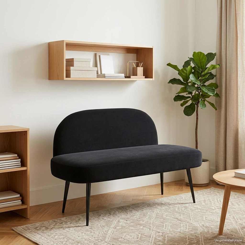 Banco acolchado con respaldo negro, 110 x 60 x 76 cm, terciopelo, marco de madera contrachapada, patas metálicas, 2 asientos, banco de salón, banco de cerveza, cojín para banco, cojín para