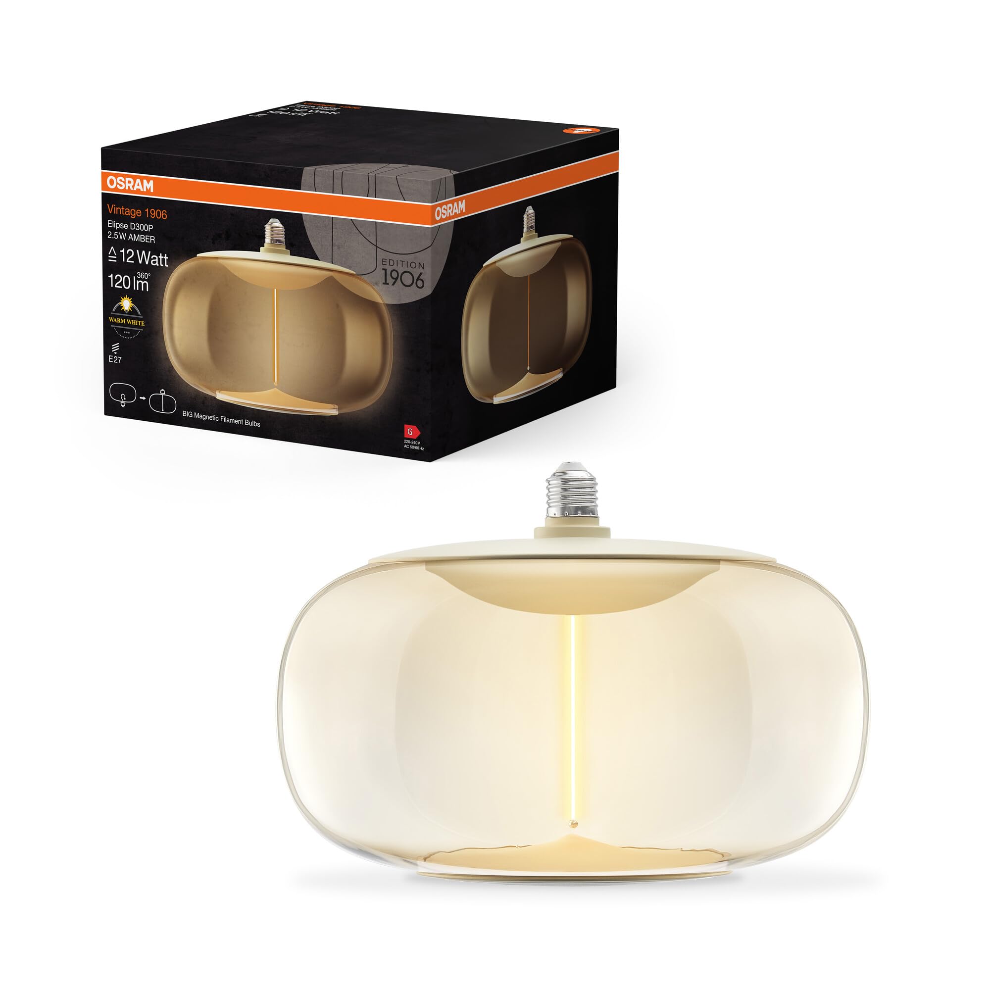OSRAM Vintage 1906 Big Elipse, lámpara LED decorativa con cristal color ámbar, con otro filamento, delgado y magnético, casquillo E27, 2,5 vatios, blanco cálido (2700K), bajo consumo de energía