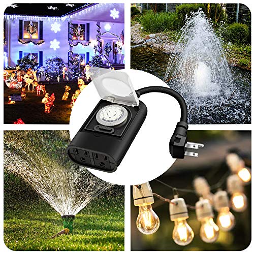 Kasonic Outdoor Light Timer Outlet, 24 Hour Mechanical Timer Switch, Heavy Duty Water Resistance With 2 Grounded Outlet, Etl Listed (Black) #TOP6