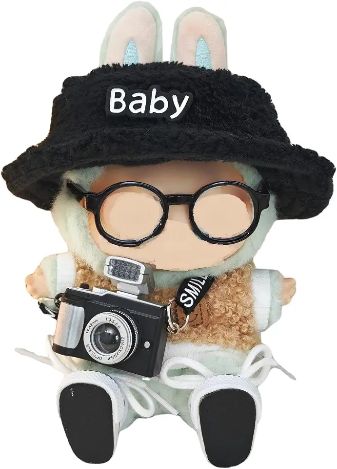 Handsome Photography Clothes Set for Labubu 1/2/3 Generation Dolls, Includes Brown Smiley Face Fleece Top, Black Fleece Hat, Mini Camera, Glasses & Canvas Shoes, Fit for Labubu Fans(Doll Not Included)