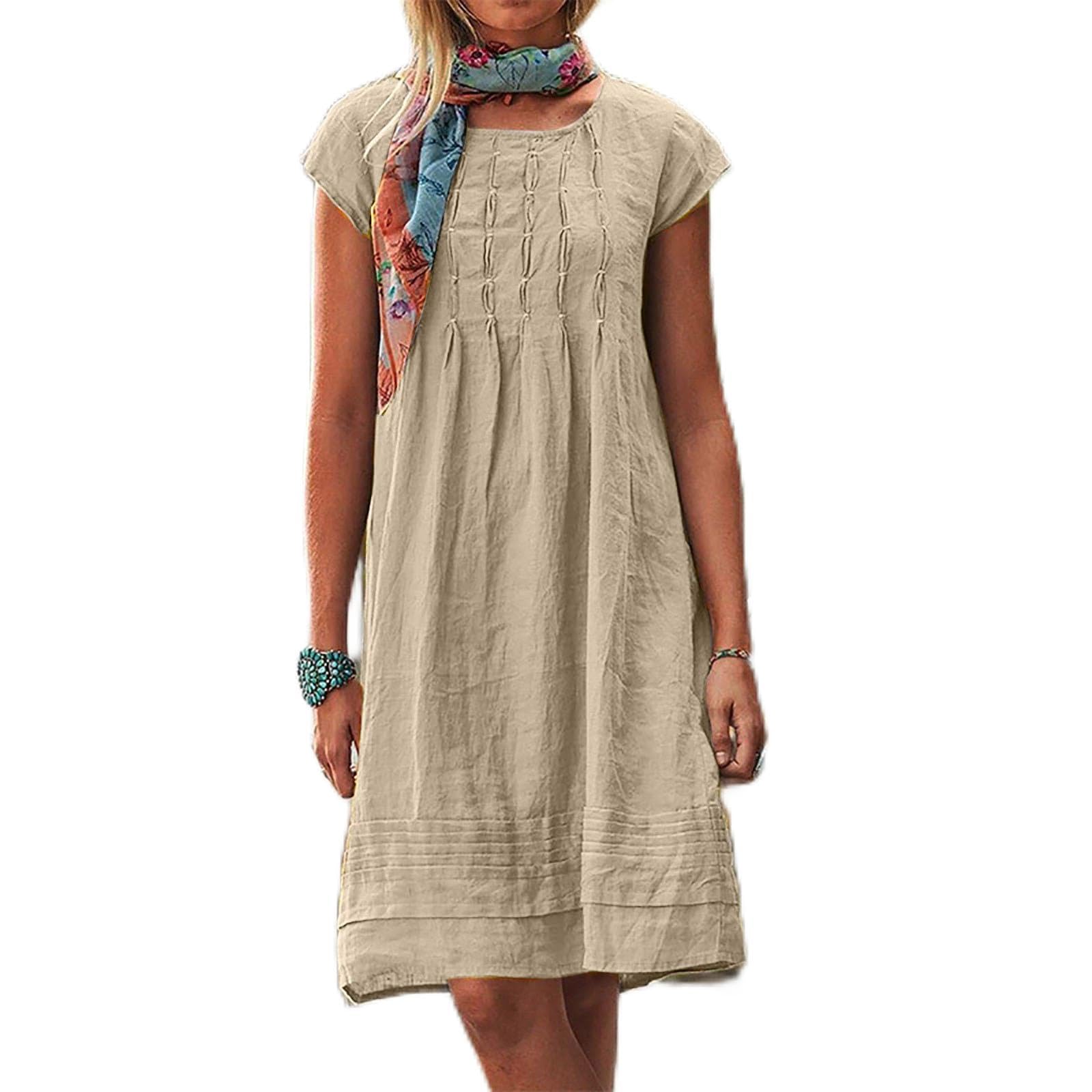Cotton Dresses Linen Beachwear Summer Shirred Dress Empire Line Wear Muslin Co Ord Smocked Clothing Going Out Coverups Tunic Coords Loose Outfits Curvy Cover Up Ladies Khaki 1 4XL
