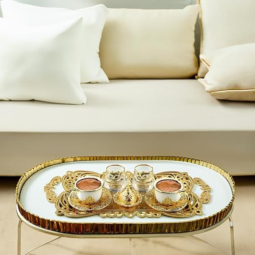 Miniatura 4 de LaModaHome Taza de café espresso dorada con platillo, bandeja de vidrio de agua y cuenco de delicias para 1 persona, juego de café turco árabe