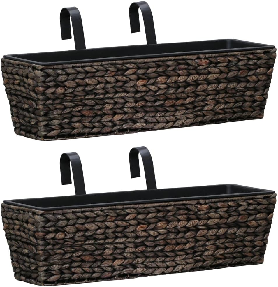 23.6" Water Hyacinth Rectangular Planter Set of 2, Rustic Raised Garden Bed Style Basketweave Boxes for Outdoor Plants, No-Assembly Brown Patio Flower Holders for Balcony, Terrace & Garden
