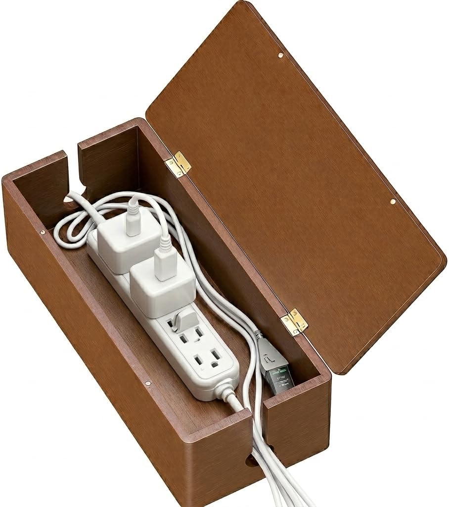 Tikora Large Real Wood Cable Management Box - Decorative Walnut Finish Power Strip Cover - Desk Cord Organizer to Hide Messy Wires & Power Strips for Home Office Desktop Decor