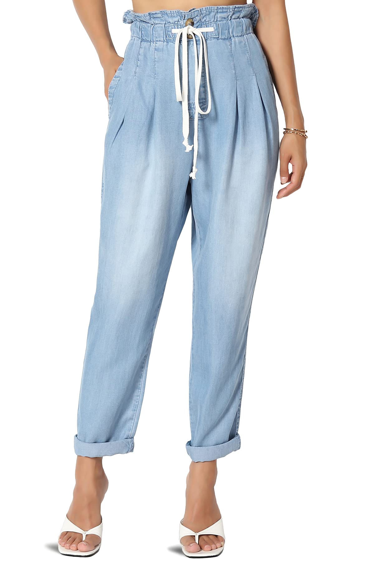 TheMogan Womens Chic Paperbag High Waist Chambray Joggers w Elastic Cuffs Tencel Pants