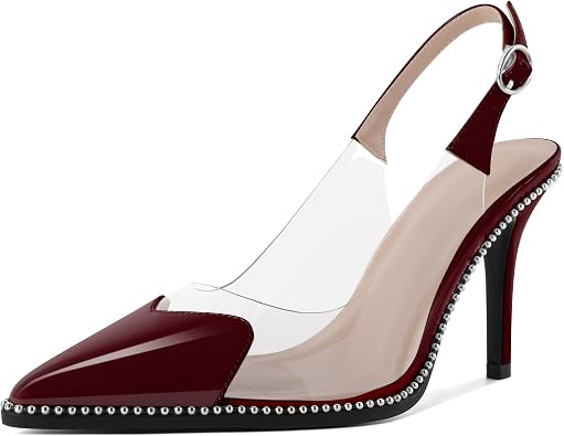 Zamikoo Women Sling Back Heels Pointed Toe Slip On Beaded Clear Transparent Heart Pattern High Heel Stilettos