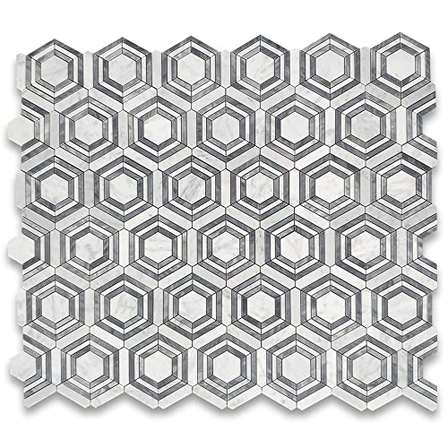 Stone Center Online Carrara White Marble 3 Inch Hexagon Georama Geometric Mosaic Tile W/Bardiglio Gray Strips Honed Kitchen Bath Wall Floor Backsplash Shower (1 Sheet) #TOP1