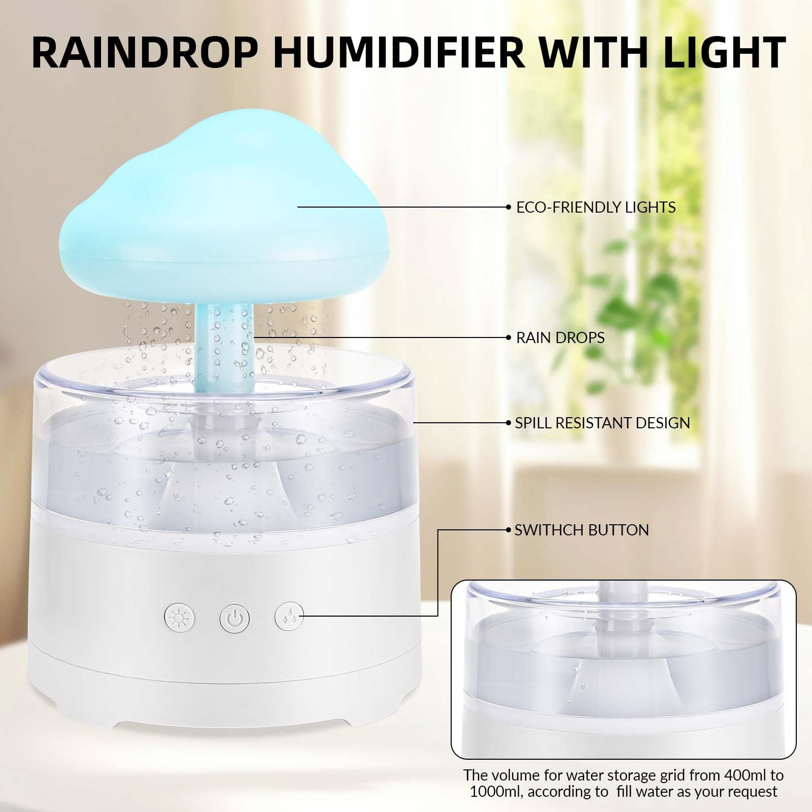 Nuages De Pluie Humidificateur D'air, 3 Modes Pluie/Veilleuse 7 Couleurs | 400 ml, Simuler la Chute de Gouttes de Pluie, Aide à Dormir Et à Se Détendre