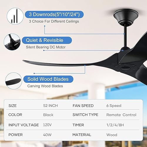 Miniatura 7 de Modernos ventiladores de techo negros sin luces, ventilador de techo de madera de 52 pulgadas para patio con motor CC reversible remoto, ventilador