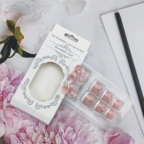 Miniatura 3 de Uñas postizas blancas a presión, uñas cortas de los pies francesas, uñas postizas de cobertura completa, uñas postizas con diamantes de imitación