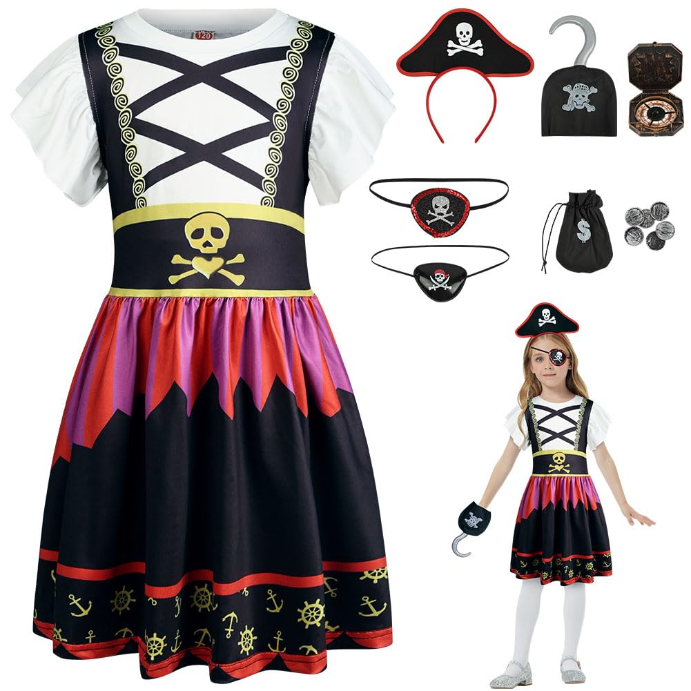 AUYAO Kostium piratów dla dzieci, 7 szt. Zestaw kostiumów piratów z sukienką, kapeluszem i naszywką na oko, zestaw dla dziewczynki Buccaneer, kostium na Halloween dla dziewczynek na karnawał, imprezę