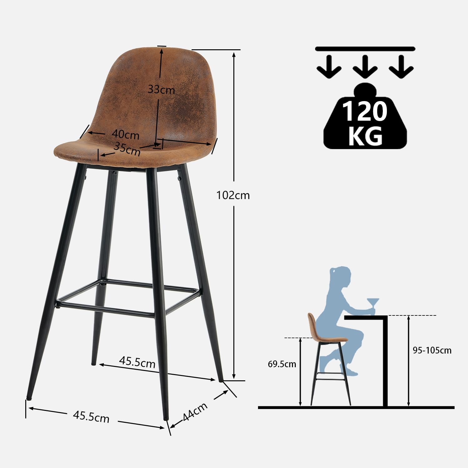 MEUBLE Cosy Juego de 2 Taburete de Bar con Respaldo y Reposapiés Tapizados de Gamuza Vintage Industrial Asiento de 72,5 cm de Altura para Cocina, Bar, Comedor, Marrón