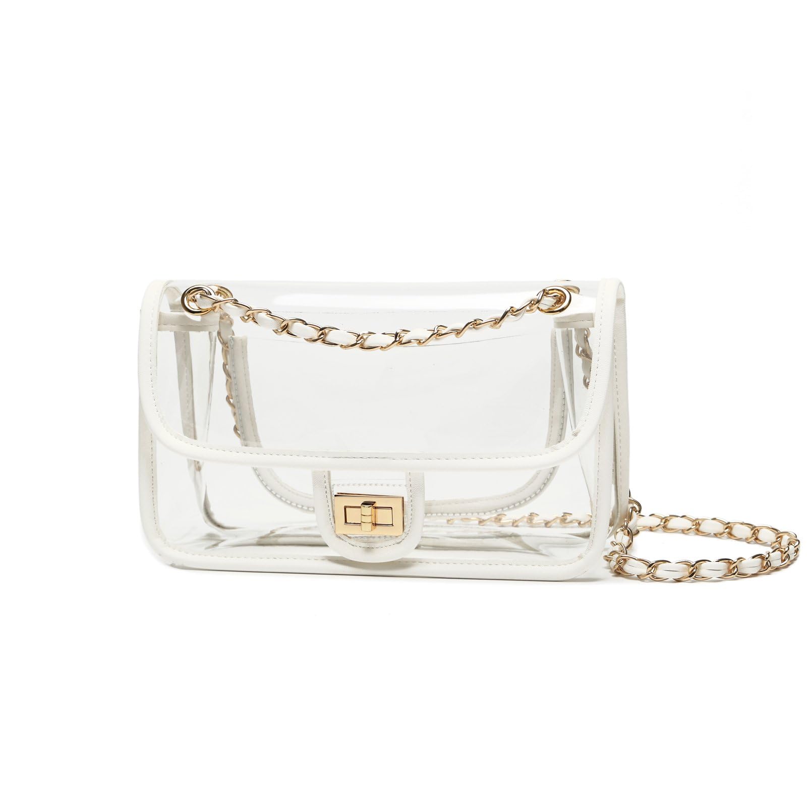 Transparente PVC-Handtasche für Damen, mit Kette, Stadion-zugelassen, durchsichtige Tasche, durchsichtig, Weißer Rand (goldene Kette und Hardware) (große Größe), M