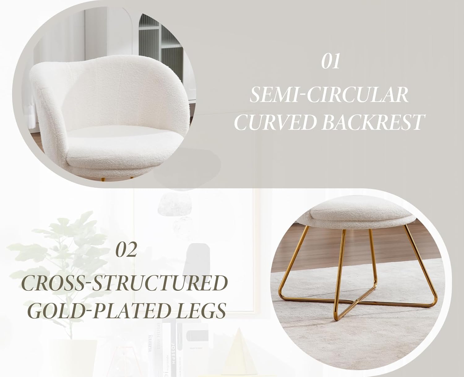 chairus Schminktisch Stuhl aus Kunstfell, Sessel Wohnzimmer Gepolstert Loungesessel Polsterstuhl Armlehnstuhl mit Gold Metallbeinen für Schlafzimmer & Wohnzimmer, Weiß