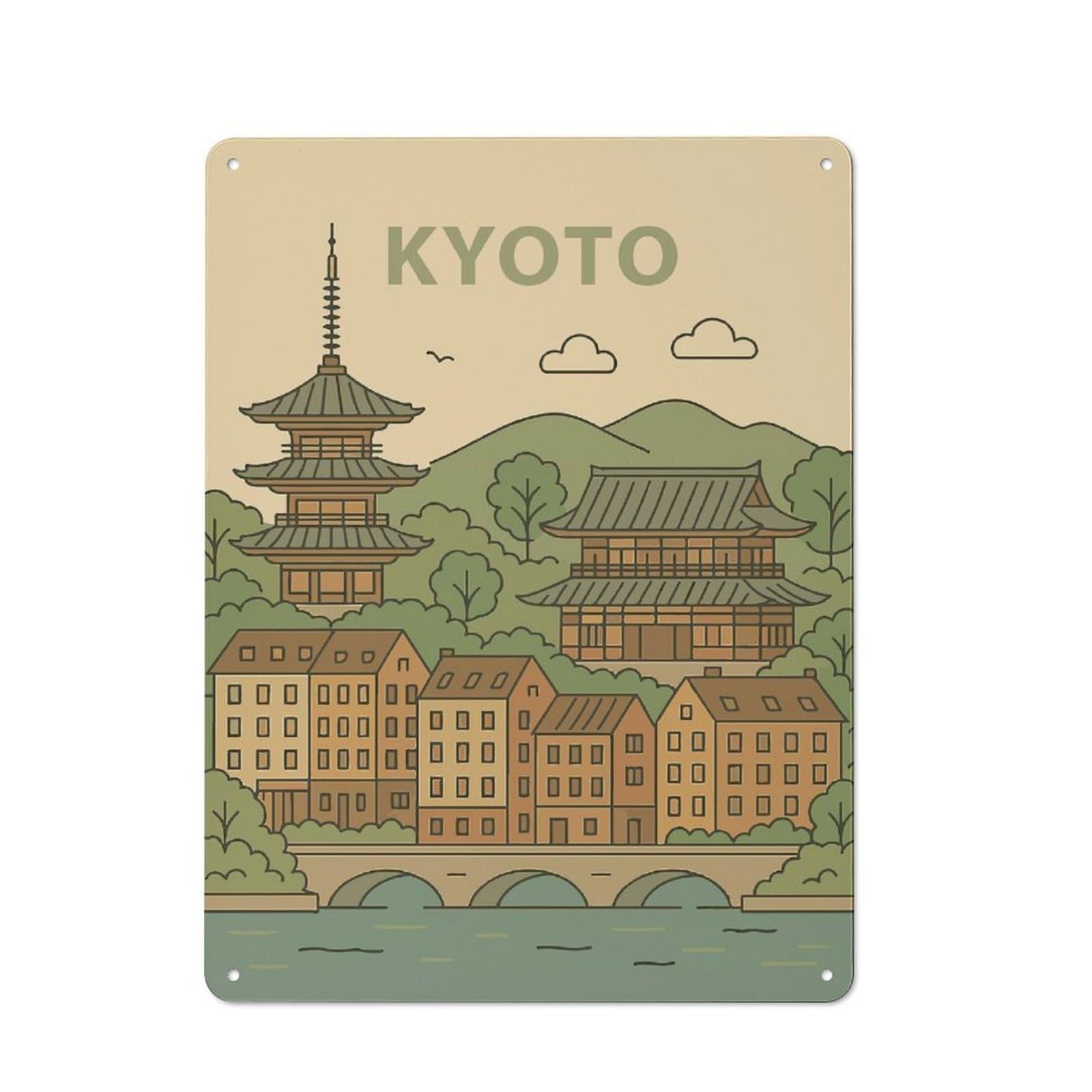 Junmoney Kyoto Vintage Illustration Tin Sign 40X30cm For Workshop Wall, Retro Wall Decor, Suited To Metal Sign Collectors