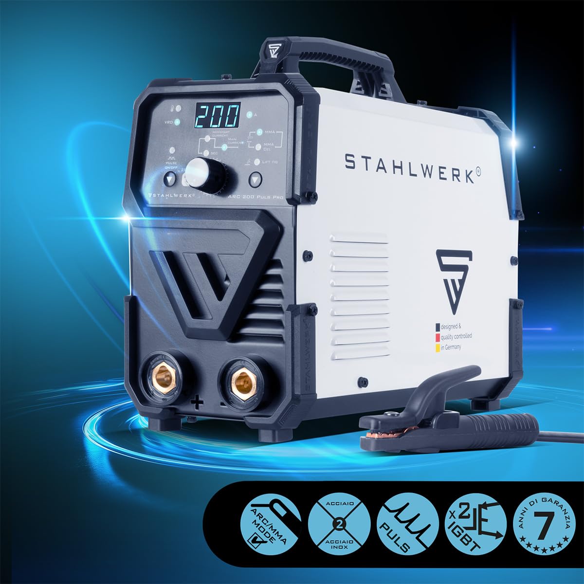 STAHLWERK Saldatrice ad elettrodo ARC 200 Puls Pro – Saldatura senza gas, compatto MMA, Inverter Lift-TIG 200 A, Hot Start, Arc Force, Anti-stick, tecnologia IGBT, Pulse