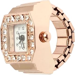 Qtqgoitem Square Dial Glitter Crystal Decor Elastic Band Finger Ring Watch Copper Tone for Lady (Model: 5a8 6c3 04a 59a 90d)