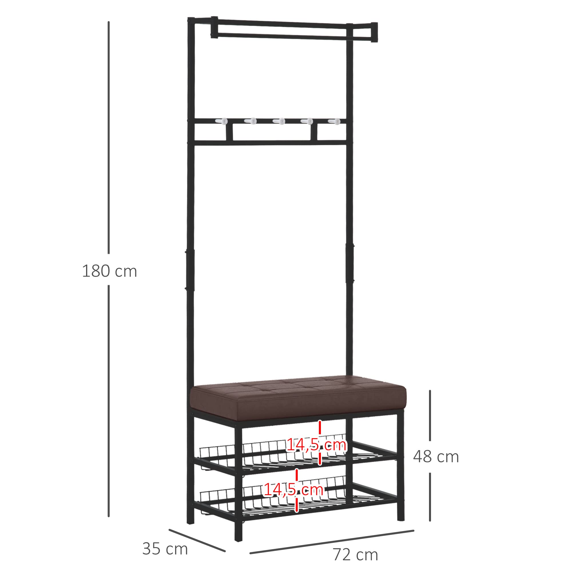 HOMCOM Perchero de Entrada Recibidor Perchero Zapatero con Asiento Acolchado 2 Estantes para Zapatos y 5 Ganchos 72,5x35x180 cm Negro