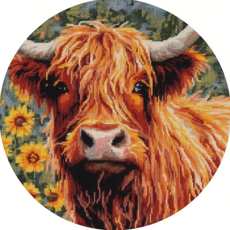 Image of DIY Stamped Cross Stitch Kits Brown Highland Cow and Sunflower for Beginners Easy 11CT Needlepoint Embroidery Counted Cross Stitch Kits Art Craft Wall Decoration and Gift 35x35cm