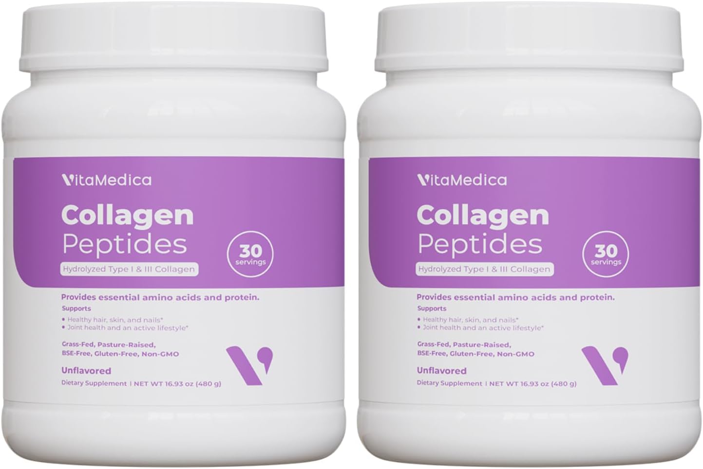 VitaMedica Collagen Peptides Powder for Women & Men – Healthy Hair, Skin, Nails, Bones and Joints – Hydrolyzed Types I & III, Grass-Fed, Pasture-Raised Protein, Zero Sugar – Pack of 2