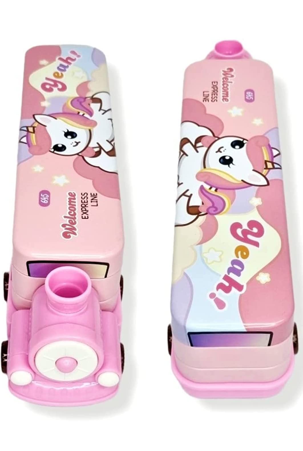 Luvvy Tuffy Train Pencil Box for Kids with Moving Tyre's & Sharpener Geometry Case for Boys & Girls (Unicorn - Pink)